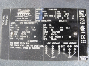 MOTOR, ELECTRIC TYPE, 30 HORSEPOWER, 230/460V 3 PHASE 60HZ ELEC RATING, 1800 RPM, 286TC FRAME, 74/37 AMPS, ODP ENCLOSURE, CONTINUOUS DUTY, 1.15 SERVICE FACTOR, KEYED SHAFT. HORIZONTAL, WITH (2) 42W 115V SPACE HEATERS WIRED IN PARALLEL WITH CAST-IRON FRAME, PART # LM29940 (W-44) LOADING & HANDLING FEE $15-